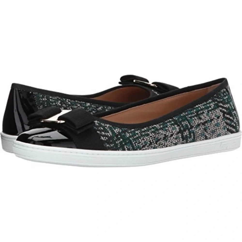 Ferragamo Rufina‎ Tweed Patent Leather Flats Green Black 5.5